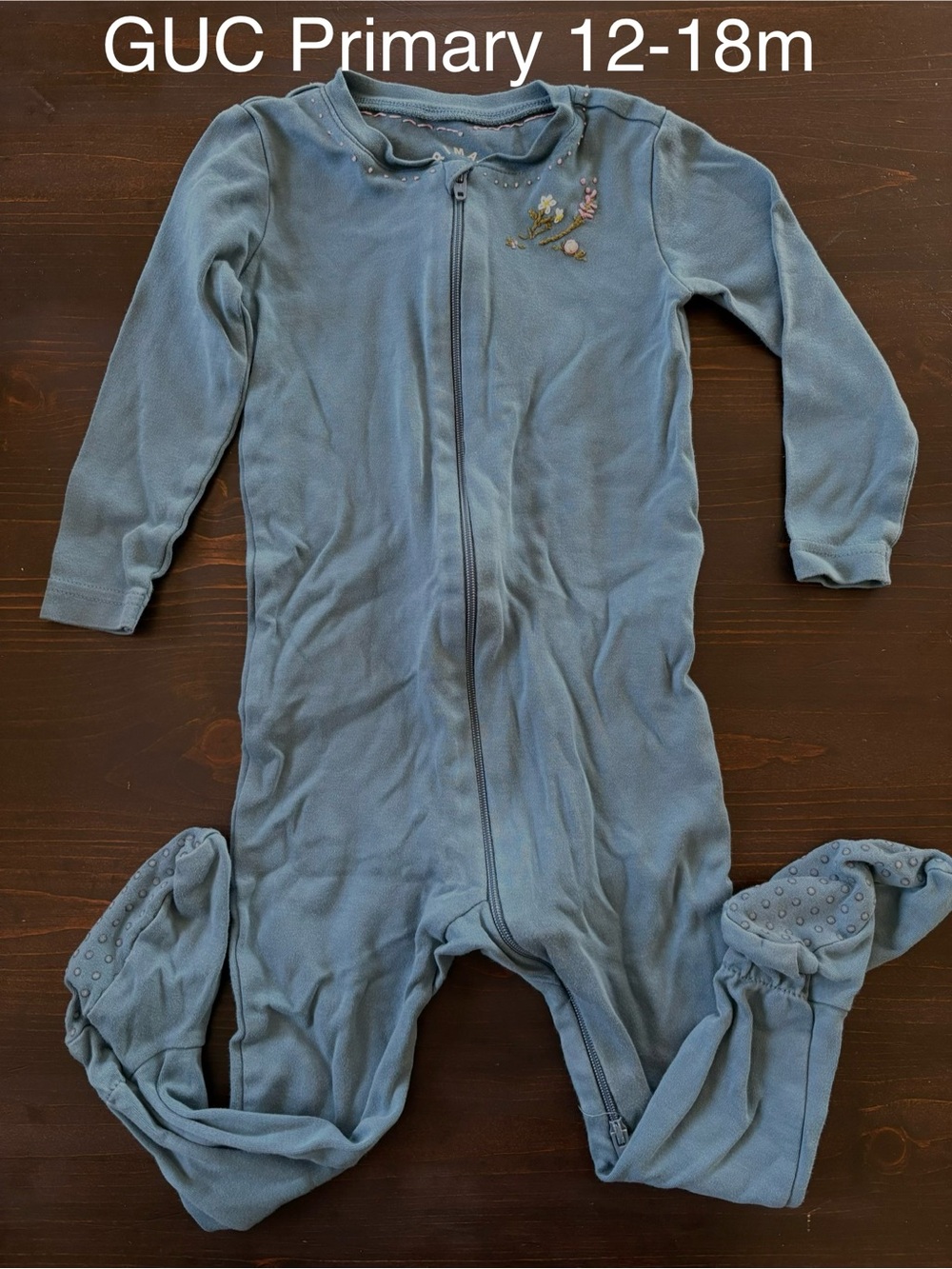 Primary Blue Footed One-Piece Zipper Pajama with Floral Embroidery